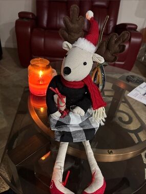 Festive Plush Reindeer Décor with Red Scarf and Buffalo Check Skirt